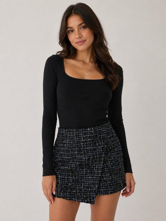 Bagatelle Collection Dresses & Skirts - Bagatelle Collection Black Blue Silver Tweed Sequin Asymmetrical Mini Skirt NWT